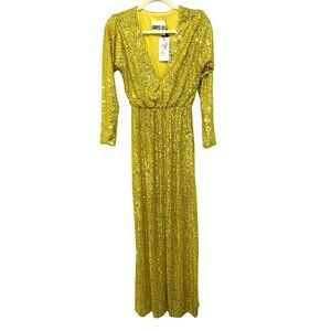 Aniye By Sequin Yellow Long Sleeve V-Neck Maxi Dress Womens S